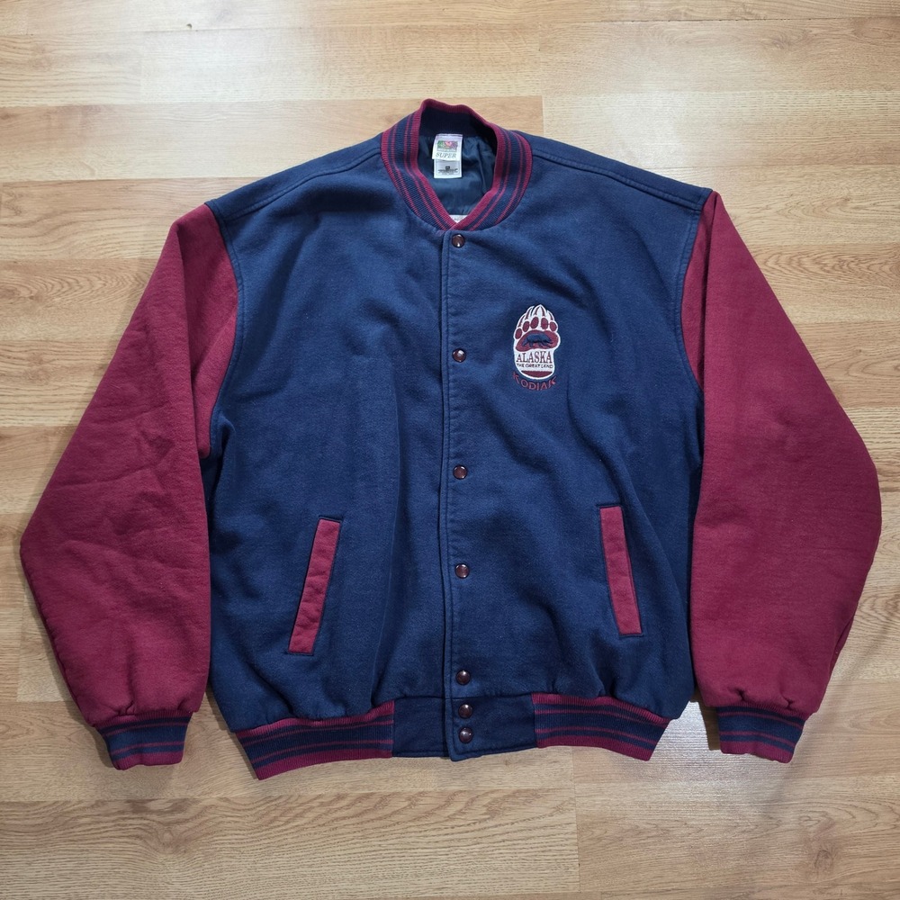 Alaska Kodiak Fruit of the Loom Jacket Mens XXL Varsity Bear Fleece Blue Red 90s